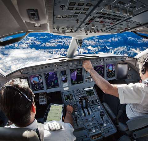 airplane cockpit during flight